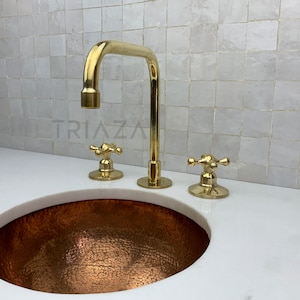 Grifo de tocador de baño de latón macizo sin lacar, grifo de 3 agujeros, grifo de montaje en cubierta, grifo de baño de latón, grifo de tocador, fregadero de 3 agujeros de tocador,