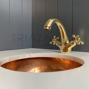 Unlacquered brass bathroom faucet, Single hole design, double handle faucet, Vintage style