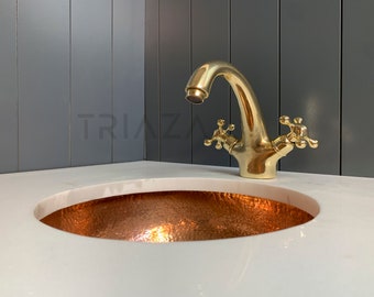 Torneira de banheiro de latão sem laca, design de furo único, torneira de alça dupla, estilo vintage