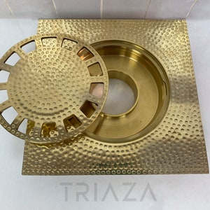 Unlacquered brass shower drain, brass floor drain, Hammered drain cover