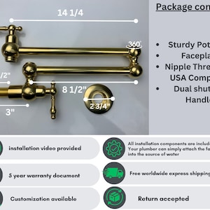 May include: Gold-toned kitchen faucet with dual shut-off handles and a swivel spout. The faucet is 14 1/4 inches long and 5 1/4 inches tall. The faucet comes with a faceplate, a 1/2 inch nipple thread, and a pot filler. The faucet is USA compliant.  The image also includes information about installation, warranty, shipping, and returns.