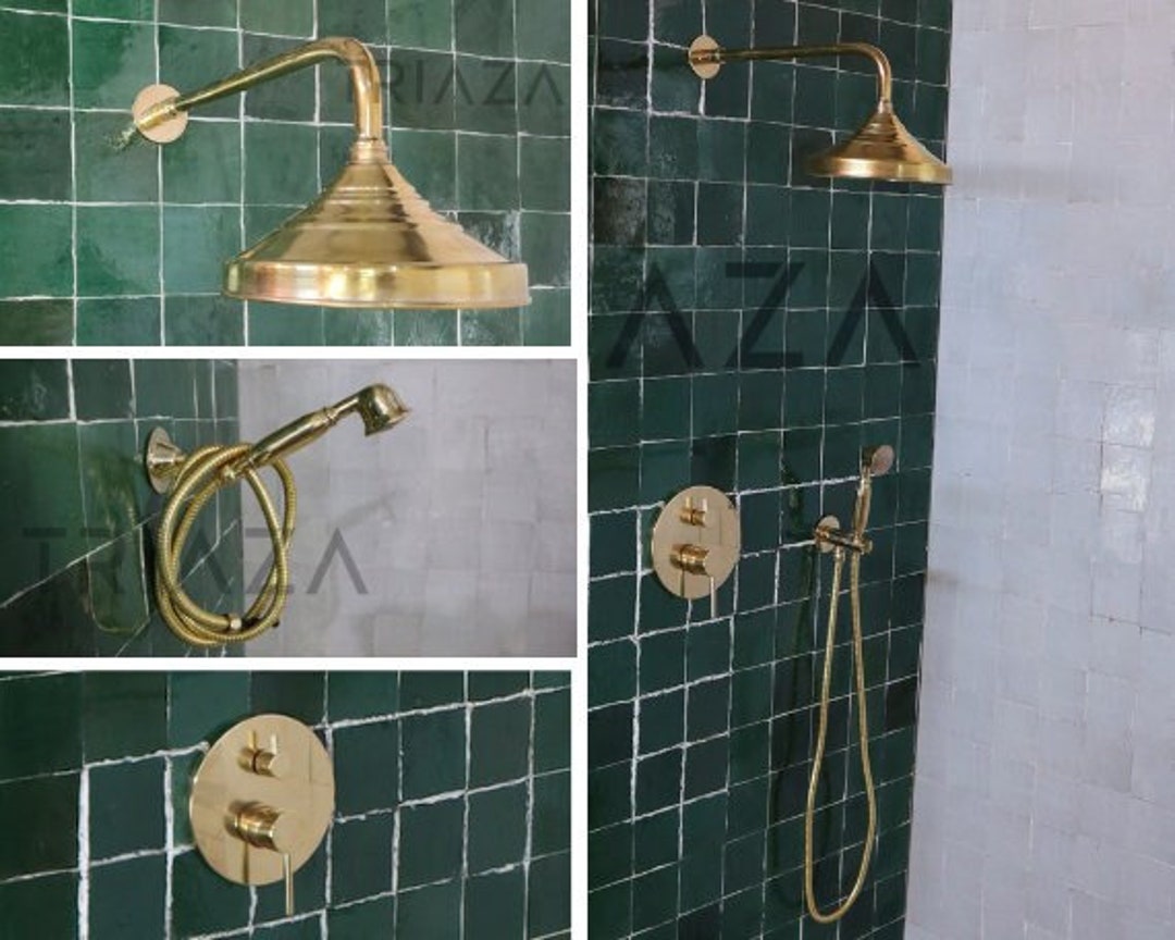 Unlacquered Solid Brass Shower Head Set Solid Brass Wall Etsy