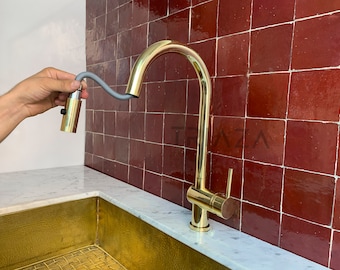 Unlacquered Brass Kitchen Faucet, Pull Down, Solid Brass