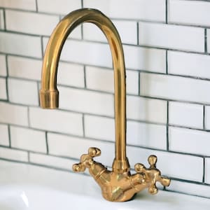 Unlacquered brass bathroom faucet, Single hole design, double handle faucet; vintage style
