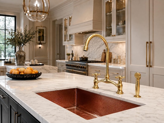 Unlacquered Brass Kitchen Faucet, Solid Brass, Dual Handle, Patina Finish (8" Spread)