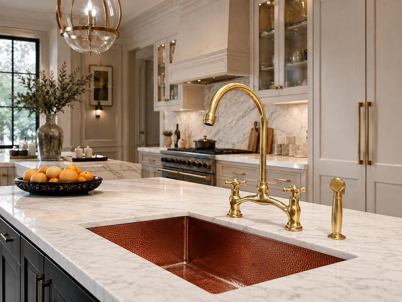 May include: A rectangular hammered copper kitchen sink set into a white marble countertop. The sink features a high-arc brass faucet with two cross-handle controls and a matching side sprayer, all mounted on the white marble surface.