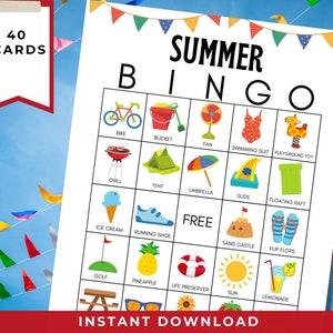 Bingo de verão para impressão, 40 cartões; Bingo para festa na praia ou na piscina, jogo fácil para crianças e adultos; atividade de verão em ambientes fechados; jogo divertido de aniversário de verão