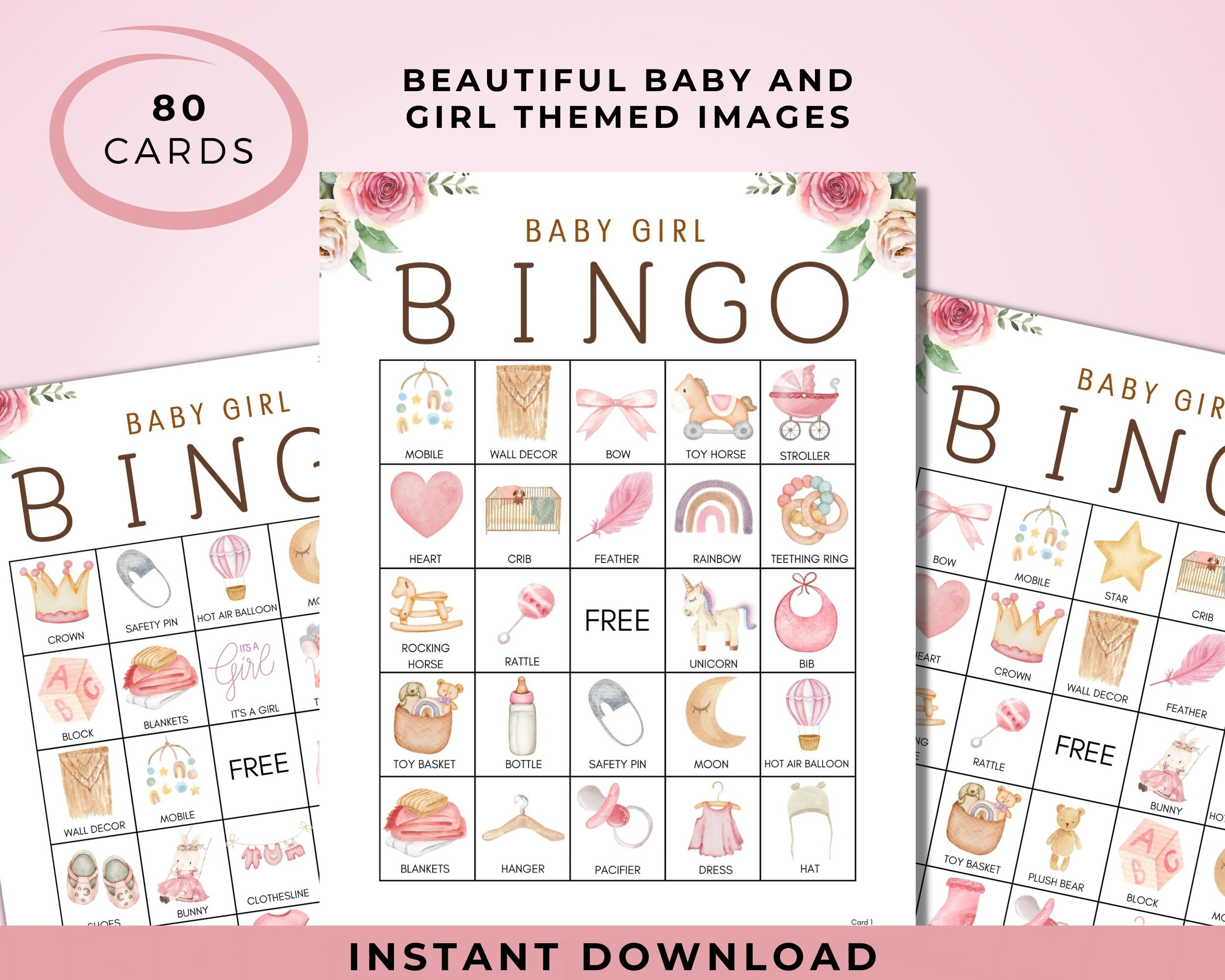Baby Girl Bingo Printable Game With 80 Cards and Markers | Large Baby ...