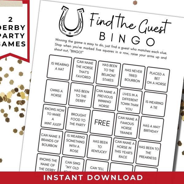 Find the Guest Bingo Game for Kentucky Horse Derby Watch Party, Printable Download, Horseshoe Design, Icebreaker for Adults and Groups