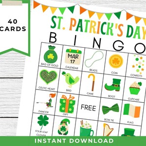 Peut inclure: Une carte de bingo imprimable pour la Saint-Patrick avec 40 cartes. La carte a un espace libre et 24 cases avec des images de symboles irlandais comme un sac d'or, un trèfle à quatre feuilles, un lutin, une harpe, un pot d'or, un trèfle, un nœud celtique, une botte verte, un chapeau vert, un cupcake vert, un oiseau vert, une danseuse verte, un cadeau vert, une canne verte, une pièce de monnaie verte, un calendrier vert, un drapeau vert, un nœud papillon vert, un cœur vert, une perle verte et des confettis verts.
