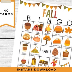 Fall Bingo Printable, 40 Cards and Markers; Seasonal Game for Kids and Adults, Fall Festival, Autumn Classroom Activity; Thanksgiving Fun