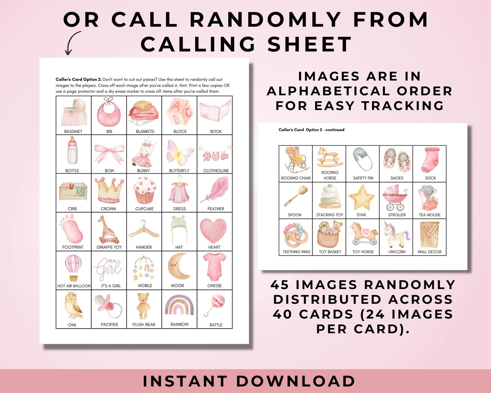 Baby Girl Bingo Set | 40 PRINTABLE Cards Markers | Baby Shower Game ...