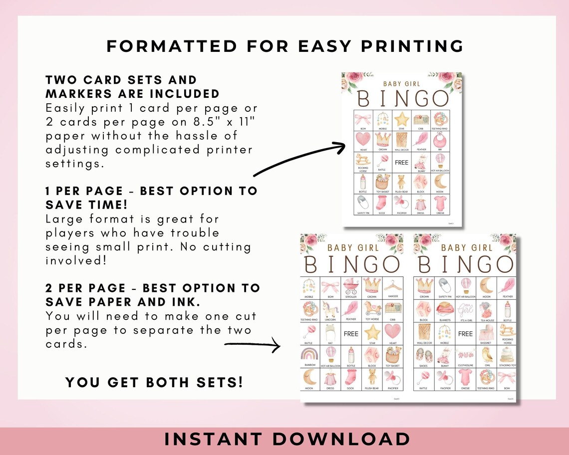 Baby Girl Bingo Set 40 PRINTABLE Cards Markers Baby Shower | Etsy