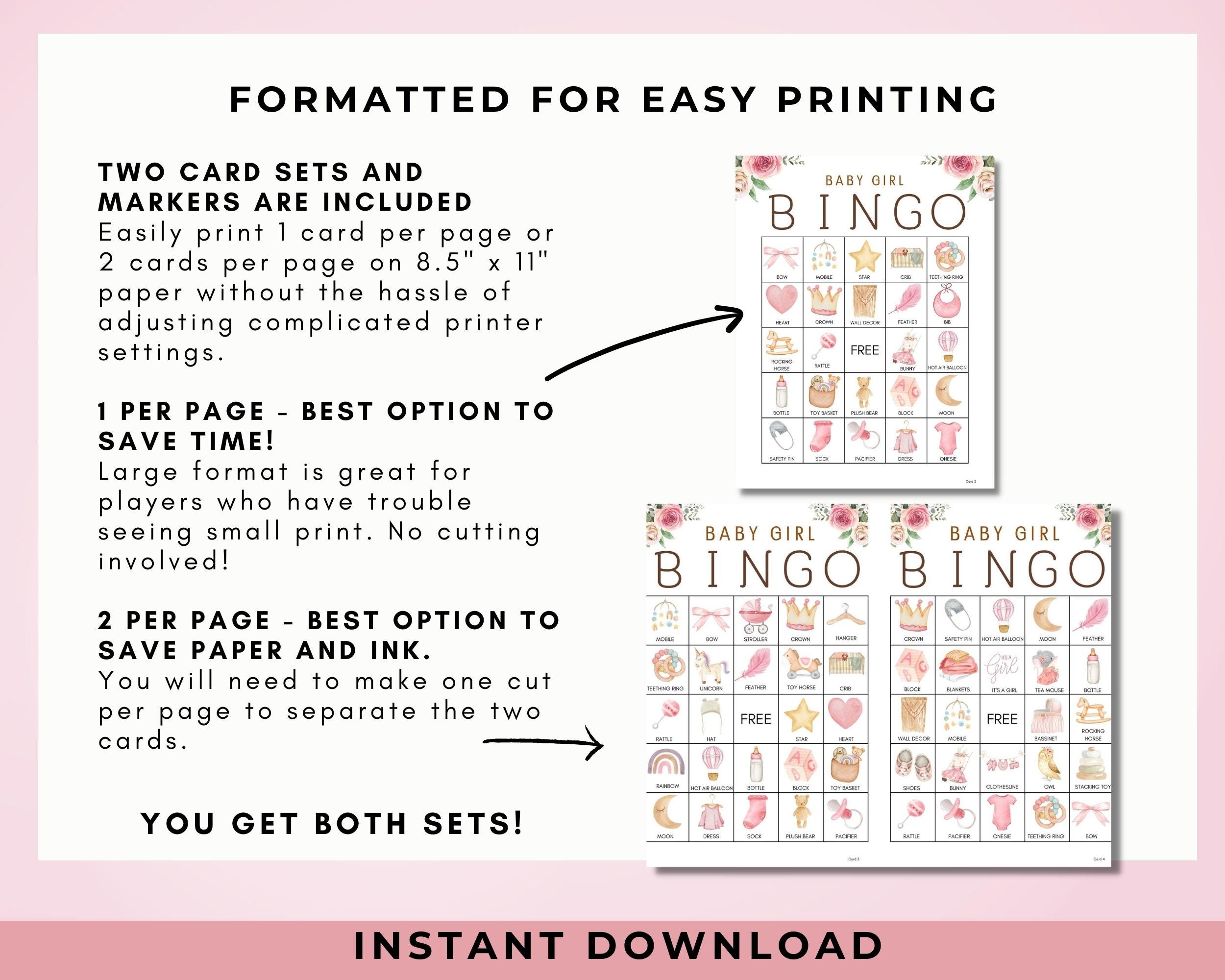 Baby Girl Bingo Set | 40 PRINTABLE Cards Markers | Baby Shower Game ...