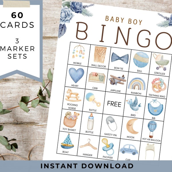 Baby Boy Bingo Printable Game with 60 Cards and Markers | Large Baby Shower Idea | Baby Sprinkle | Sip and See | Easy and Fun Group Game