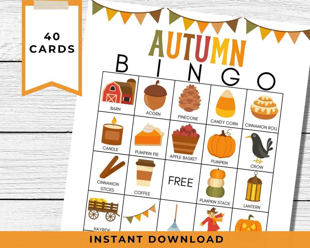 Autumn Bingo Printable, 40 Cards and Markers Easy Group Game for Kids ...