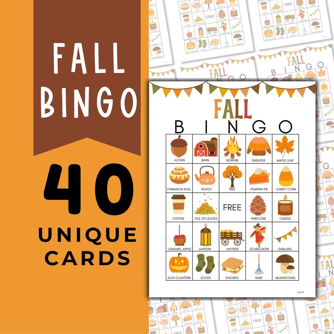 Fall Bingo Game With 40 Unique Cards, Autumn Printable Activity ...