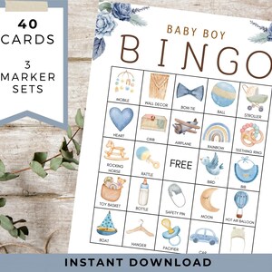 Bingoset babyjongen | 40 AFDRUKBARE kaarten en markeringen | Babyshower | Pdf-download | Nippen en zien | Babystrooisel | Boho-esthetiek | Oh Boy-thema