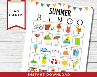 Summer Bingo Printable, 40 Cards and Markers; End of School Year Party Activity; Keep Kids Busy During Summer Break; Birthday Bingo PDF