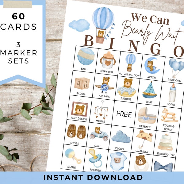 Blue Teddy Bear Baby Shower Bingo Printable | We Can Bearly Wait | 60 Card Set | Group Activity | Hot Air Balloon Bear | Baby Boy Sprinkle