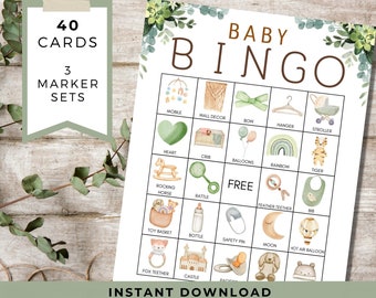 May include: A printable baby bingo card with 25 squares featuring illustrations of baby items like a crib, a rattle, a rocking horse, a bottle, a bib, a tiger, a hot air balloon, a moon, a castle, a fox teether, a pacifier, a safety pin, a toy basket, a feather teether, a rainbow, balloons, a hanger, a stroller, a bow, wall decor, a mobile, and a heart. The card says "Baby Bingo" at the top.