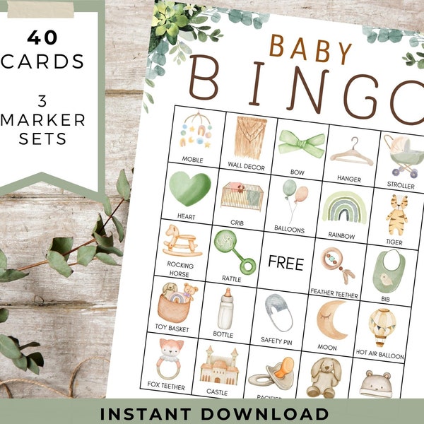 Gender Neutral Baby Bingo Printable Game with 40 Cards and Markers | Baby Shower Bingo  | Baby Sprinkle | Sip and See | Boho Greenery Theme