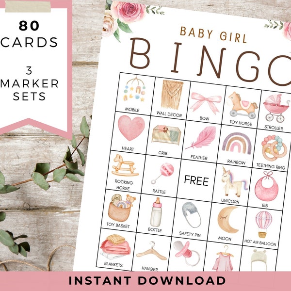 Baby Girl Bingo Printable Game with 80 Cards and Markers | Large Baby Shower Bingo  | Baby Sprinkle | Sip and See | Easy and Fun Group Game