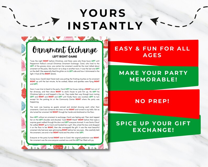 Left Right Christmas Game Printable Ornament Exchange Group Game Pass