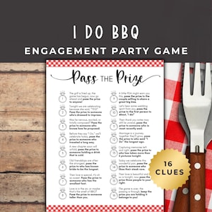 May include: A white game card with a red and white checkered border featuring the text I DO BBQ ENGAGEMENT PARTY GAME and Pass the Prize. The card lists 16 numbered clues next to diamond ring icons, with a gold starburst graphic stating 16 CLUES.