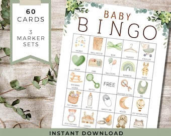 May include: A printable baby bingo card with 60 cards and 3 marker sets. The card features illustrations of baby items like a mobile, crib, rattle, and bib. The text "BABY BINGO" is at the top of the card.
