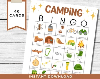 以下が含まれることがあります： 40枚のカードが付いた印刷可能なキャンプビンゴカード。カードにはフリースペースと、キャンプ用品の画像が描かれた24個のマスがあります。キャンプ用品には、焚き火、テント、コンパス、釣り竿、自転車、鳥、小屋、カヌーなどがあります。