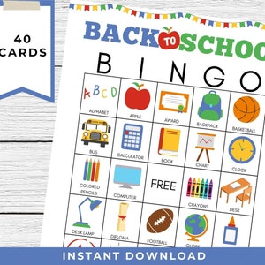 Bingo de volta às aulas para imprimir, 40 cartões; para crianças do ensino fundamental e médio; festa do primeiro dia de aula, atividade em sala de aula sem preparação