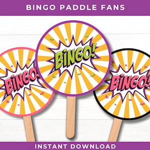 Handheld Printable Bingo Sign or Paddle Fan; Bingo Night Decoration; 8 Cute Designs in Pink, Purple, Lime Green and Black; Bingo Accessories