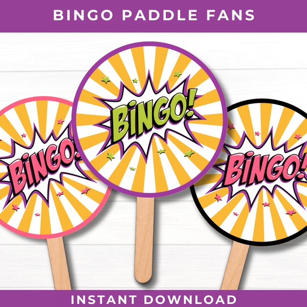 Handheld Printable Bingo Sign or Paddle Fan; Bingo Night Decoration; 8 Cute Designs in Pink, Purple, Lime Green and Black; Bingo Accessories