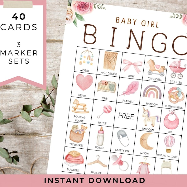Baby Girl Bingo Set | 40 PRINTABLE Cards Markers | Baby Shower Game | PDF Download | Sip and See | Baby Sprinkle | Boho Aesthetic | Oh Baby