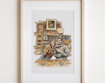 Ritratto ad acquerello personalizzato disegnato a mano, disegno personalizzato per proposta di coppia, regalo per la fidanzata, regalo di compleanno per il fidanzato per San Valentino