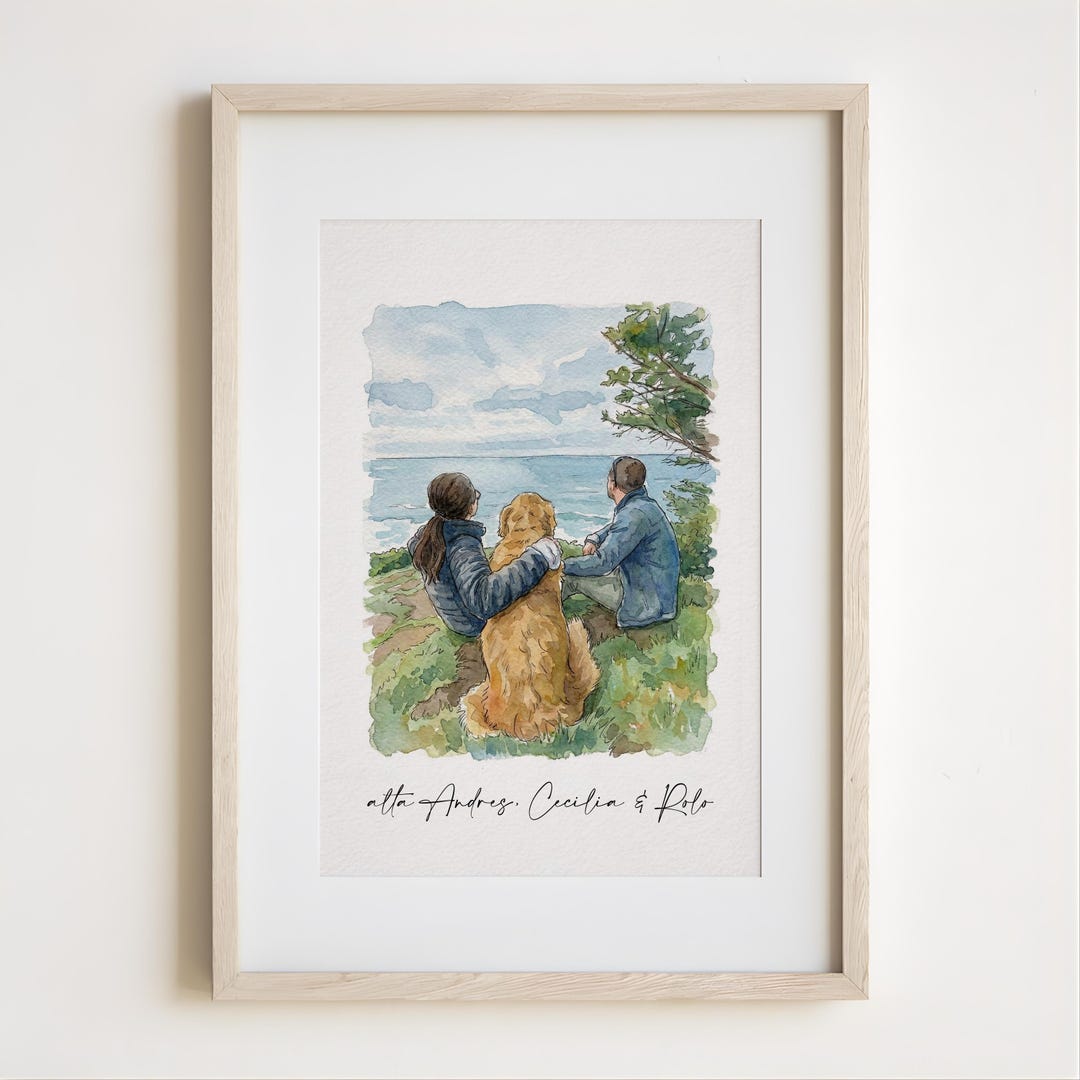Custom Hand-Drawn Watercolor Family Portrait with Dog Personalized Couple & Pet Illustration, Anniversary Gift Wall Art