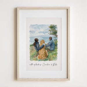 Aangepaste handgetekende aquarel familieportret met hond gepersonaliseerde illustratie paar en huisdier, kunst aan de muur verjaardagscadeau