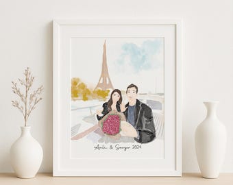Retrato de pareja personalizado a partir de una foto / Regalo de compromiso para ella o para él / Impresión de ilustración de aniversario personalizada en estilo acuarela