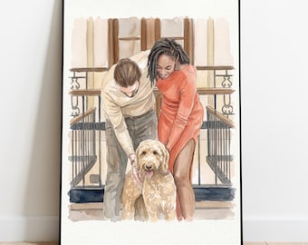 Custom Hand-Drawn Watercolor Family Portrait with Dog Personalized Couple & Pet Illustration, Christmas Gift Wall Art