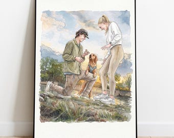 Custom Watercolor Couple Proposal Portrait with Dog Personalized Family & Pet drawing, Anniversary Gift Wall Art
