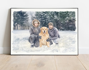 Custom Hand-Drawn Watercolor Family Portrait with Dog Personalized Couple & Pet Illustration, Christmas Gift Wall Art