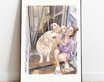 Custom Watercolor Portrait with Dog Personalized Girlfriend & Pet drawing, Christmas Gift Wall Art
