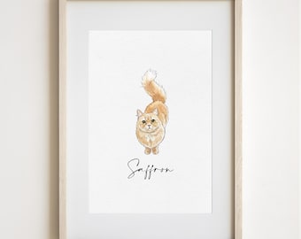 Custom Watercolor Cat Portrait - Pet Name Art, Orange Tabby Illustration, Personalized Cat Ilistiration, Gift for Cat Lovers, Pet Memorial
