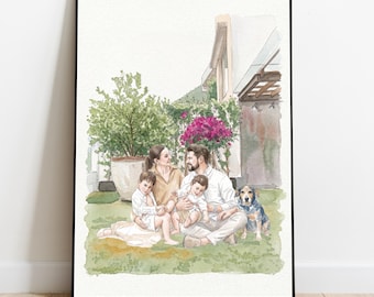 Custom Family Painting from Photo, Hand drawn Watercolor Portrait, Personalised Christmas Gift for Mom/Dad