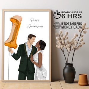 1st Anniversary Gift, Custom Couple Portrait Illustration Drawing, First Year Anniversary Paper Gift ideas for wife, husband, 1 Year Dating