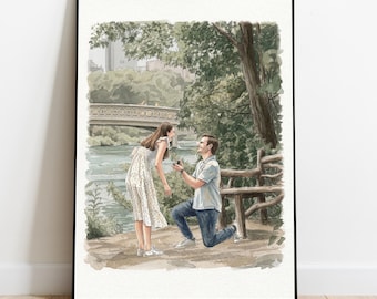 Couple Proposal Portrait, Custom Engagement Drawing from Photo, Anniversary Gift for Him or Her, Watercolor Couple Artt