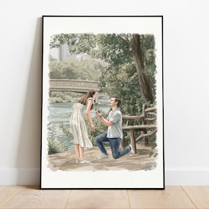 Op de afbeelding: Waterverfafdruk van een huwelijksaanzoek in een park. Een man knielt en presenteert een ring aan een vrouw. De achtergrond toont een brug, bomen en water, allemaal in zachte aquarelkleuren, wat een romantische scène creëert.