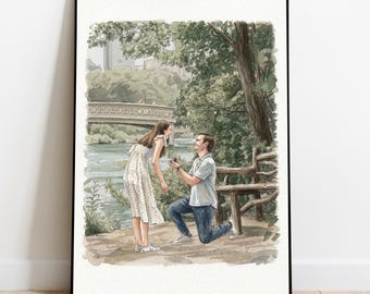 Couple Proposal Portrait, Custom Engagement Drawing from Photo, Anniversary Gift for Him or Her, Watercolor Couple Artt