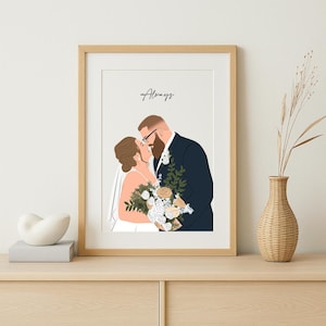 Custom Wedding Portrait Print – Personalized Bride and Groom Illustration from Photo, Anniversary Gift, Modern Minimalist Wall Art